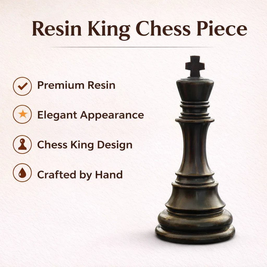 Resin king chess piece with features listed on a white background