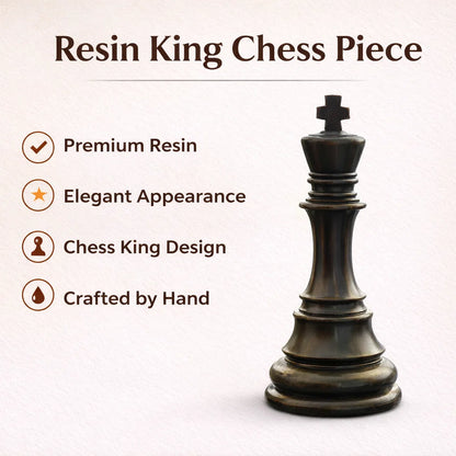 Resin king chess piece with features listed on a white background