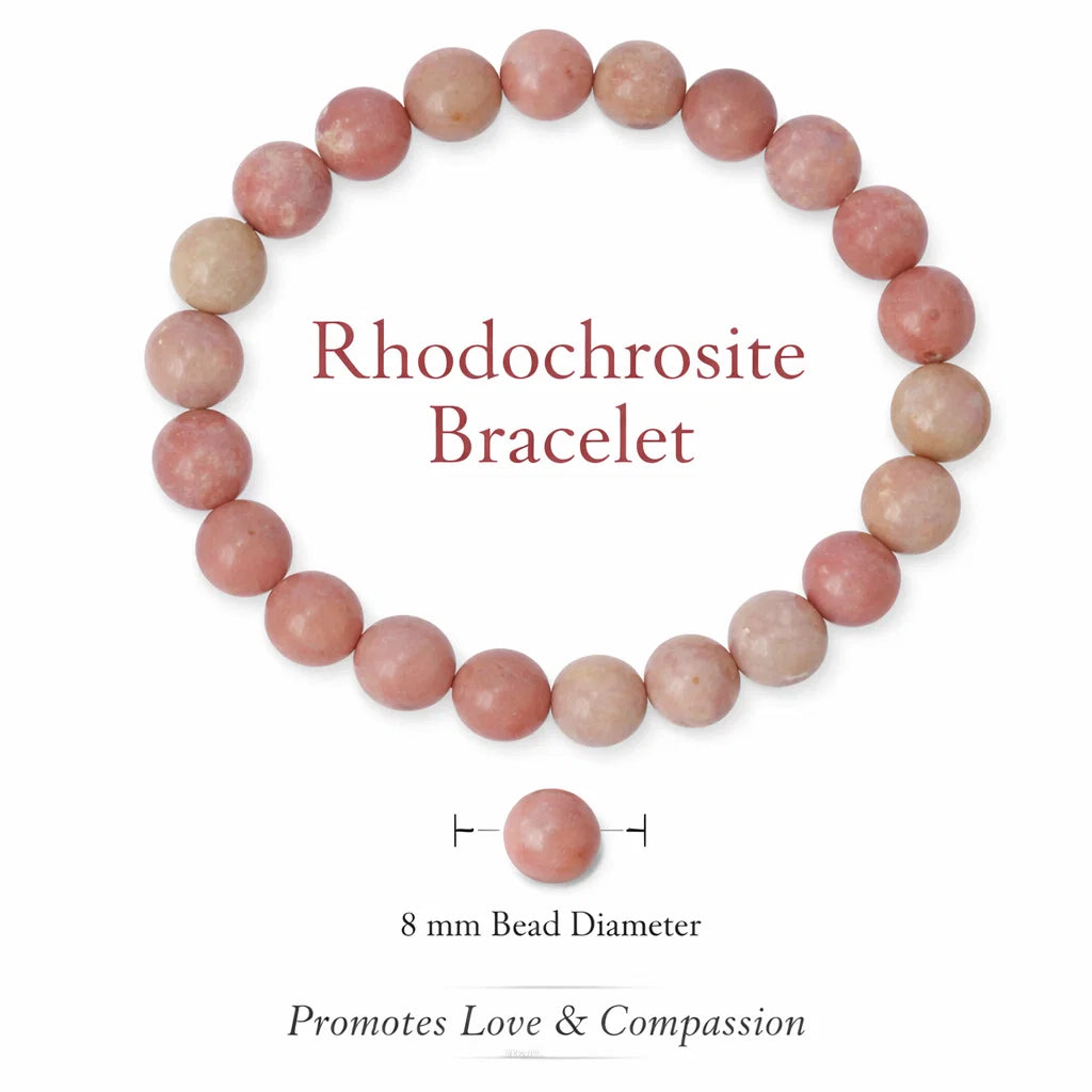 Rhodochrosite bracelet with 8 mm beads on a white background