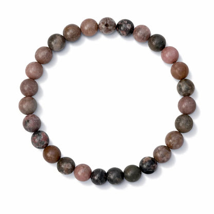 Rhodonite Bracelet — 8 mm Beads with multicolor stones on a white background