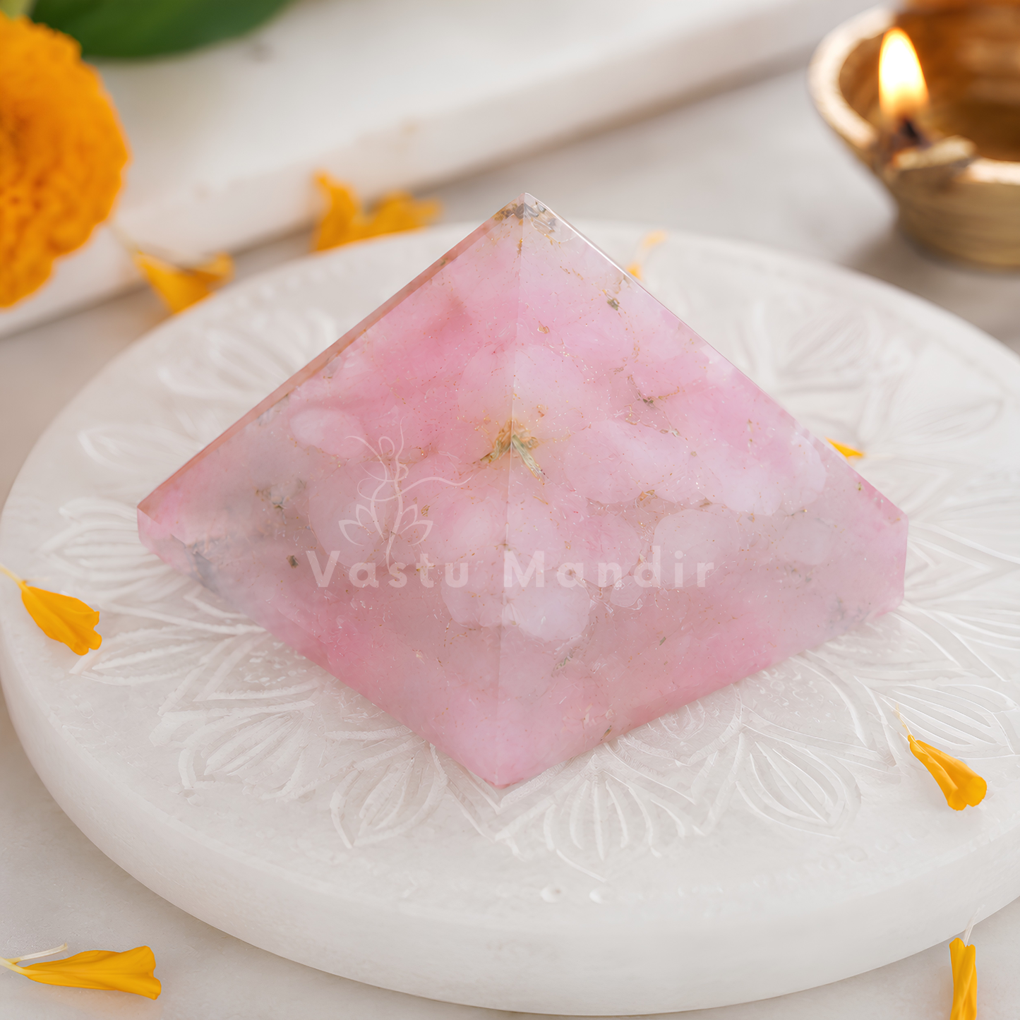 Rose Quartz Orgone Pyramid, rose quartz crystal – main product view showing the complete pyramid