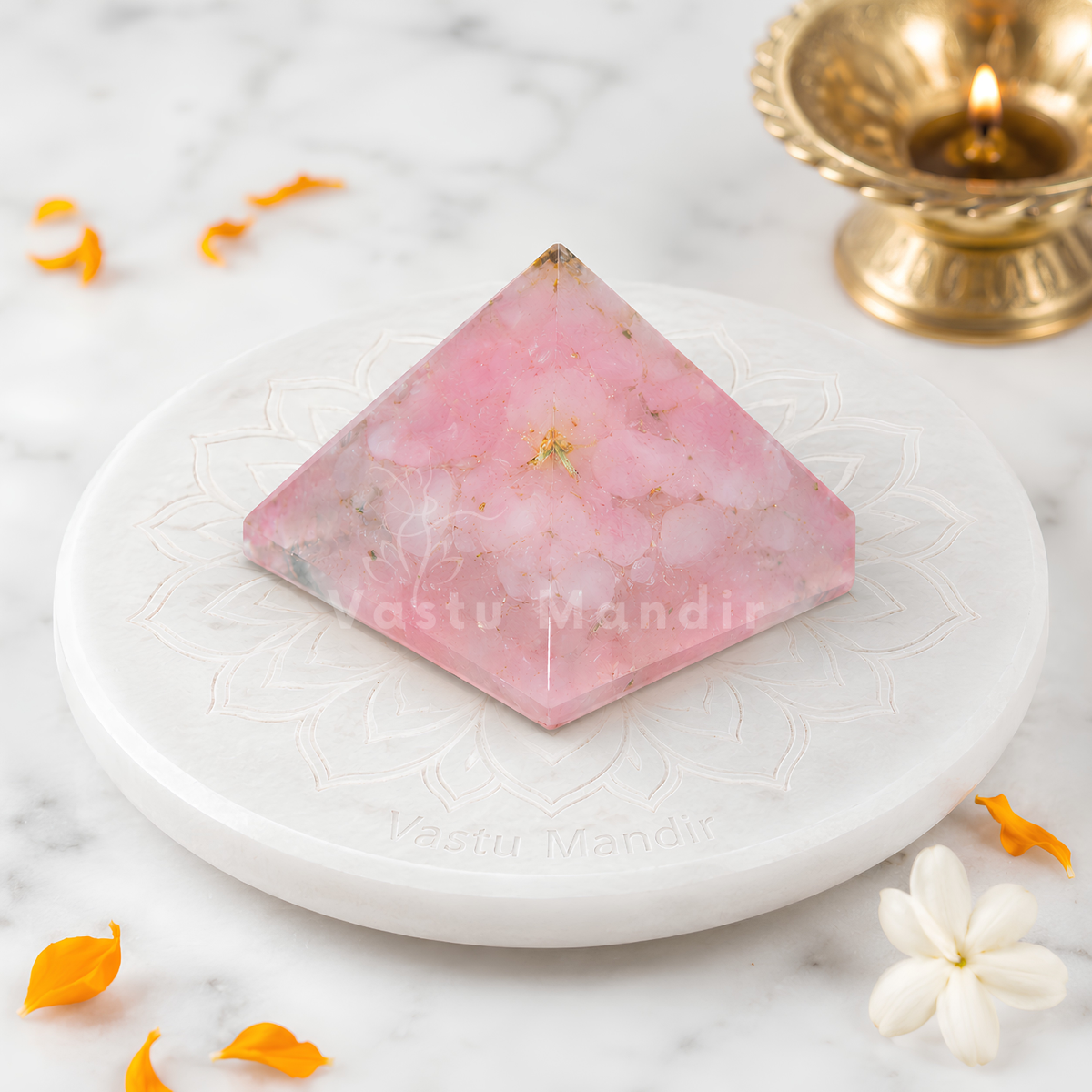 Rose Quartz Orgone Pyramid, rose quartz crystal – front-left angled view showing two pyramid faces