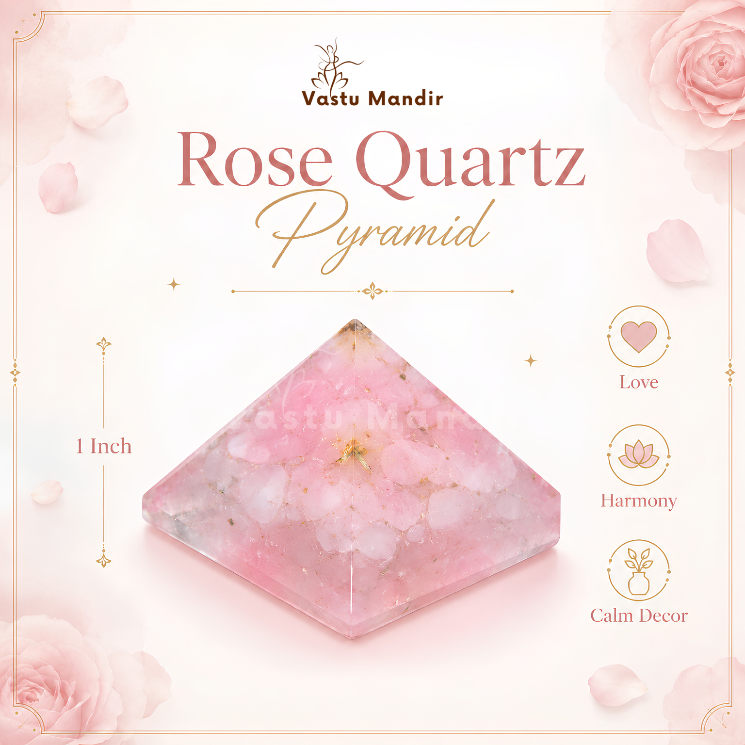 Rose Quartz Orgone Pyramid, rose quartz crystal – front-right angled view showing the opposite side