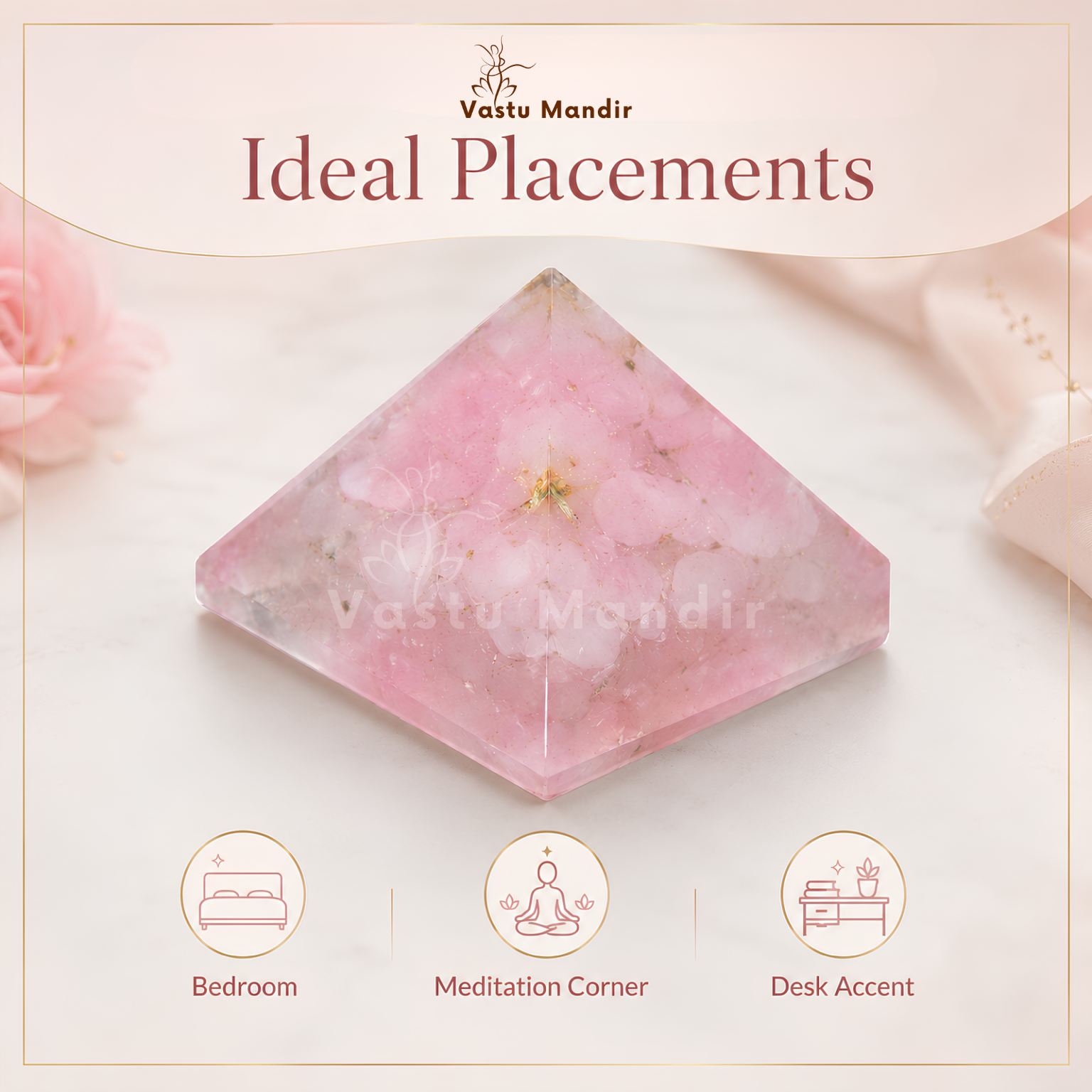 Rose Quartz Orgone Pyramid, rose quartz crystal – top-down view showing the apex and square base