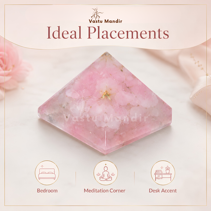 Rose Quartz Orgone Pyramid, rose quartz crystal – top-down view showing the apex and square base