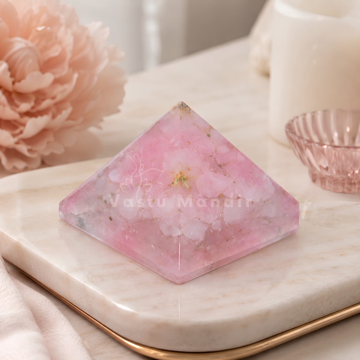 Rose Quartz Orgone Pyramid, rose quartz crystal – styled product display with the pyramid as the focus