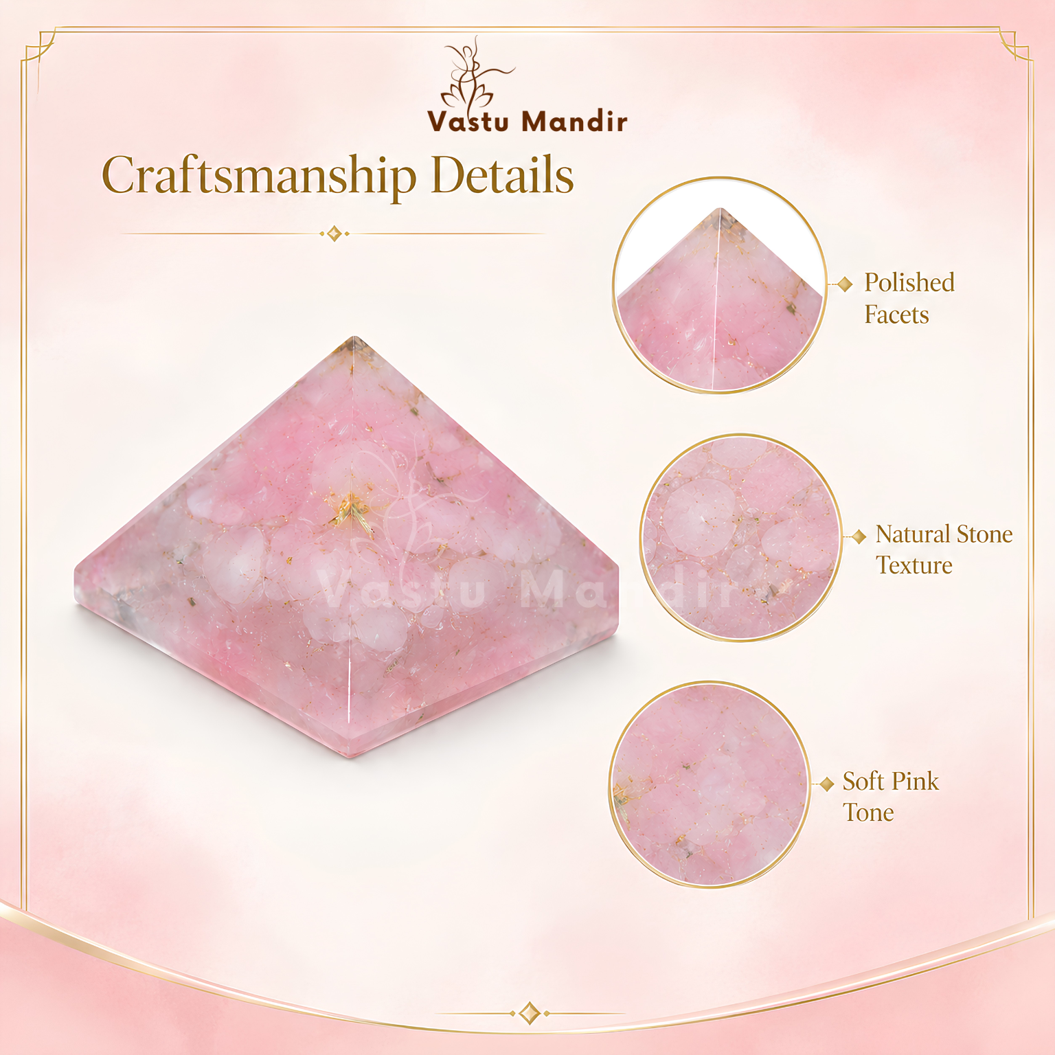 Rose Quartz Orgone Pyramid, rose quartz crystal – side profile showing the pyramid height and slope