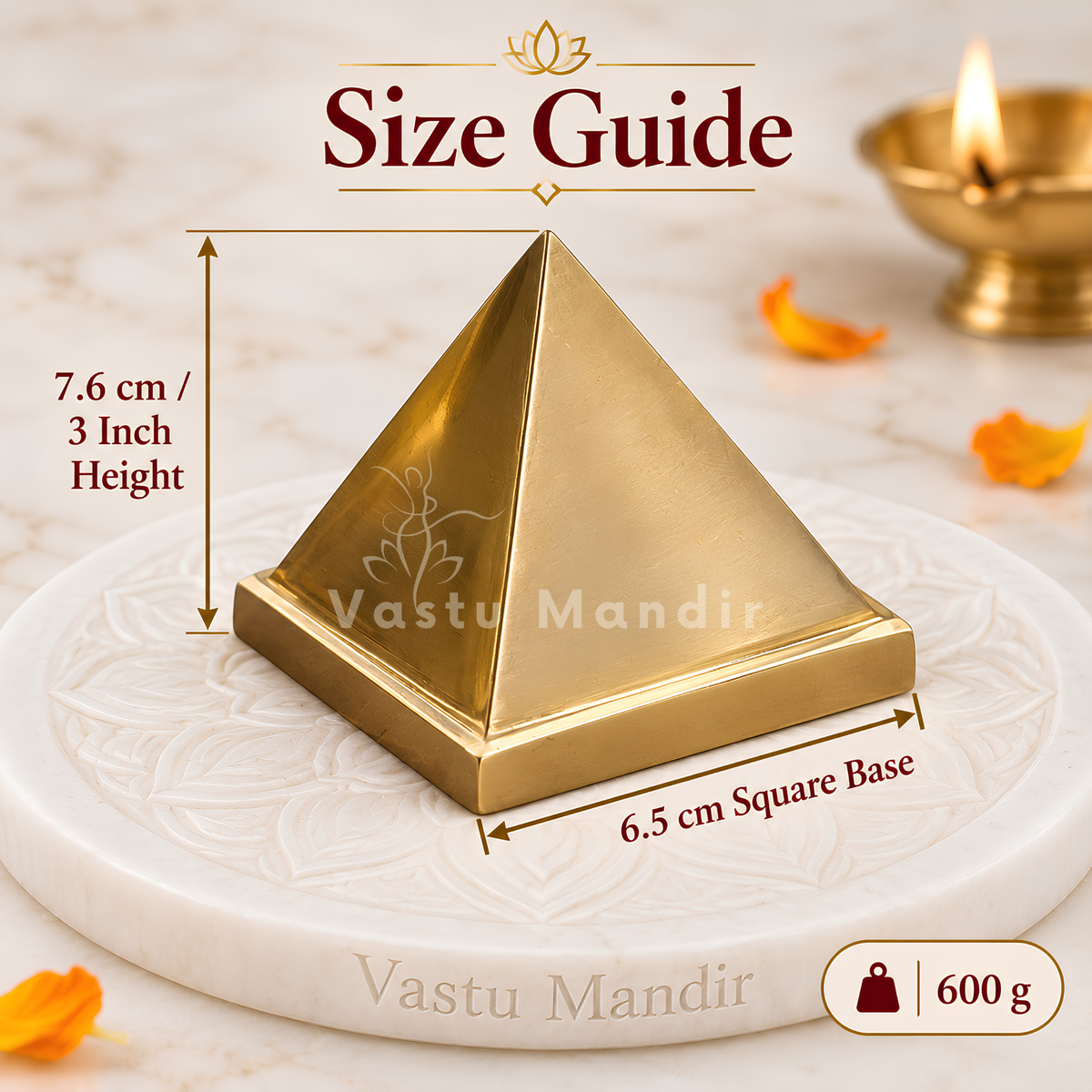 Solid Brass Pyramid Vastu Remedy for North West Direction Balance, Health, Wealth and Positive Energy Support for Entrance, Kitchen and Home Spaces | 7.6 cm | 600 g