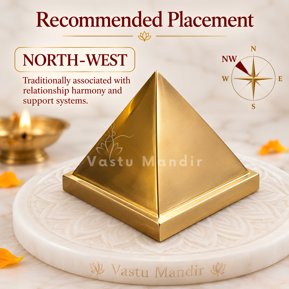 Solid Brass Pyramid Vastu Remedy for North West Direction Balance, Health, Wealth and Positive Energy Support for Entrance, Kitchen and Home Spaces | 7.6 cm | 600 g