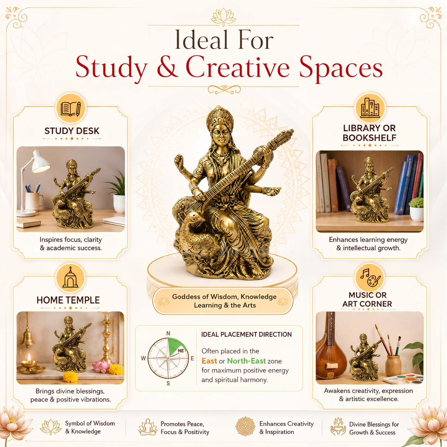 Saraswati Ji Brass Idol | Vastu Remedy for Wisdom, Learning & Artistic Growth | 3–4 Inch | 110–590 g