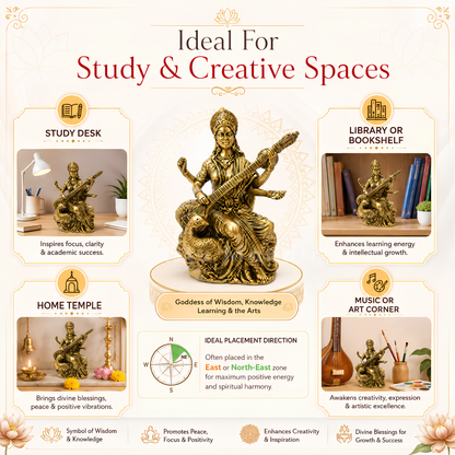 Saraswati Ji Brass Idol | Vastu Remedy for Wisdom, Learning & Artistic Growth | 3–4 Inch | 110–590 g