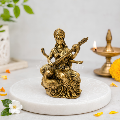 Saraswati Ji Brass Idol | Vastu Remedy for Wisdom, Learning & Artistic Growth | 3–4 Inch | 110–590 g