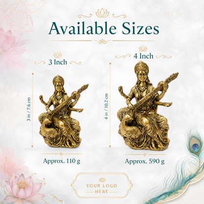 Saraswati Ji Brass Idol | Vastu Remedy for Wisdom, Learning & Artistic Growth | 3–4 Inch | 110–590 g