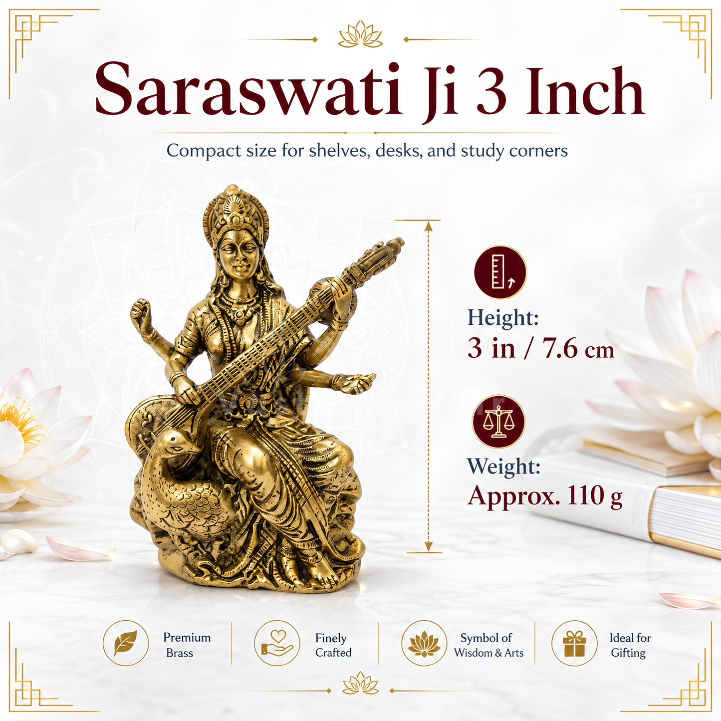 Saraswati Ji Brass Idol | Vastu Remedy for Wisdom, Learning & Artistic Growth | 3–4 Inch | 110–590 g