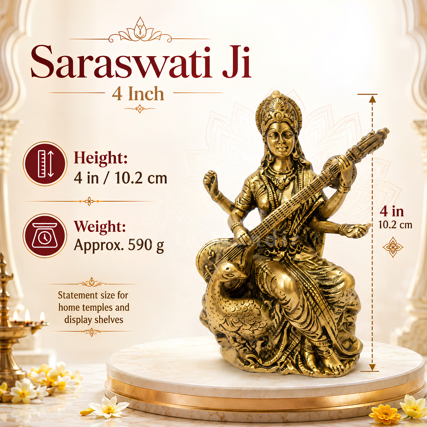 Saraswati Ji Brass Idol | Vastu Remedy for Wisdom, Learning & Artistic Growth | 3–4 Inch | 110–590 g