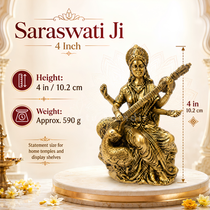 Saraswati Ji Brass Idol | Vastu Remedy for Wisdom, Learning & Artistic Growth | 3–4 Inch | 110–590 g
