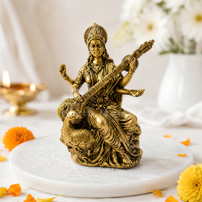 Saraswati Ji Brass Idol | Vastu Remedy for Wisdom, Learning & Artistic Growth | 3–4 Inch | 110–590 g