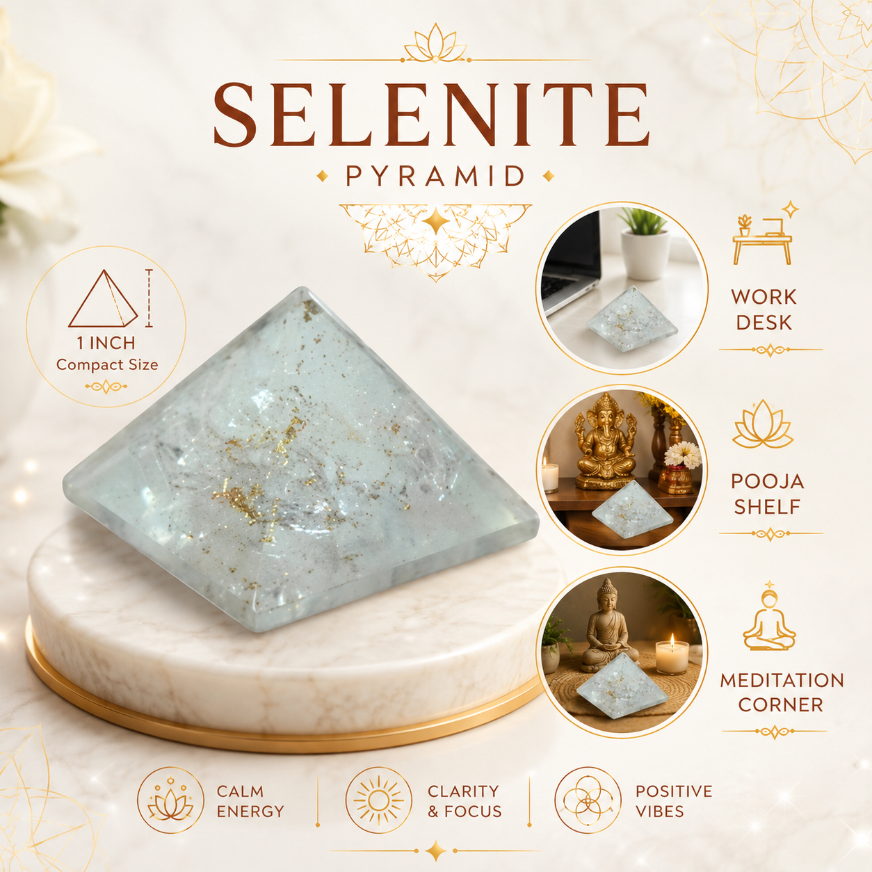Natural Selenite Pyramid | Vastu Remedy for Mental Clarity, Space Purification & Calm Energy | 1 Inch | 15 g