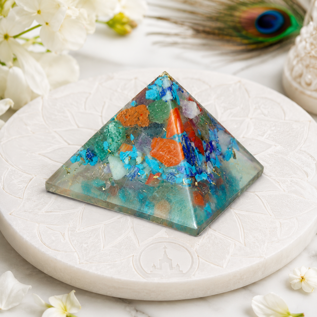 Seven Chakra Orgone Pyramid Layered Grid | Vastu Remedy for Multi-Elemental Harmony, Chakra Alignment & EMF Shielding | 1 Inch | 20 g