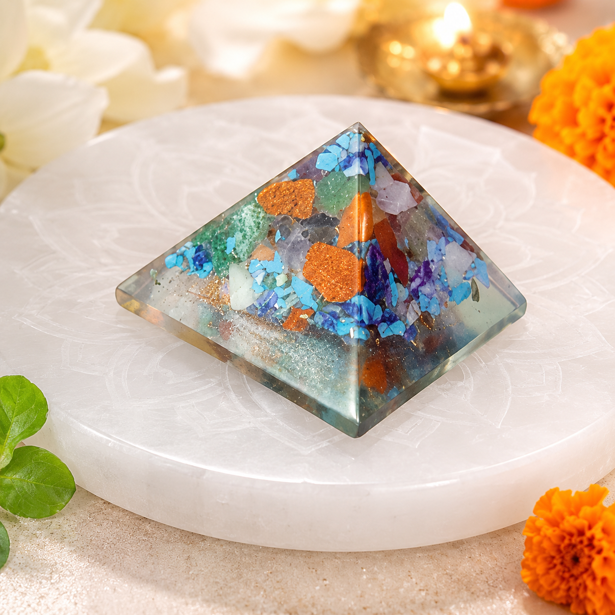 Seven Chakra Orgone Pyramid Layered Grid | Vastu Remedy for Multi-Elemental Harmony, Chakra Alignment & EMF Shielding | 1 Inch | 20 g