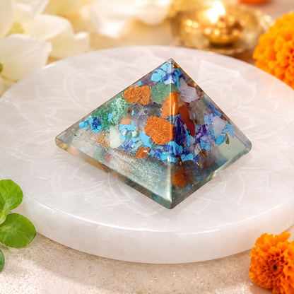 Seven Chakra Orgone Pyramid Layered Grid | Vastu Remedy for Multi-Elemental Harmony, Chakra Alignment & EMF Shielding | 1 Inch | 20 g