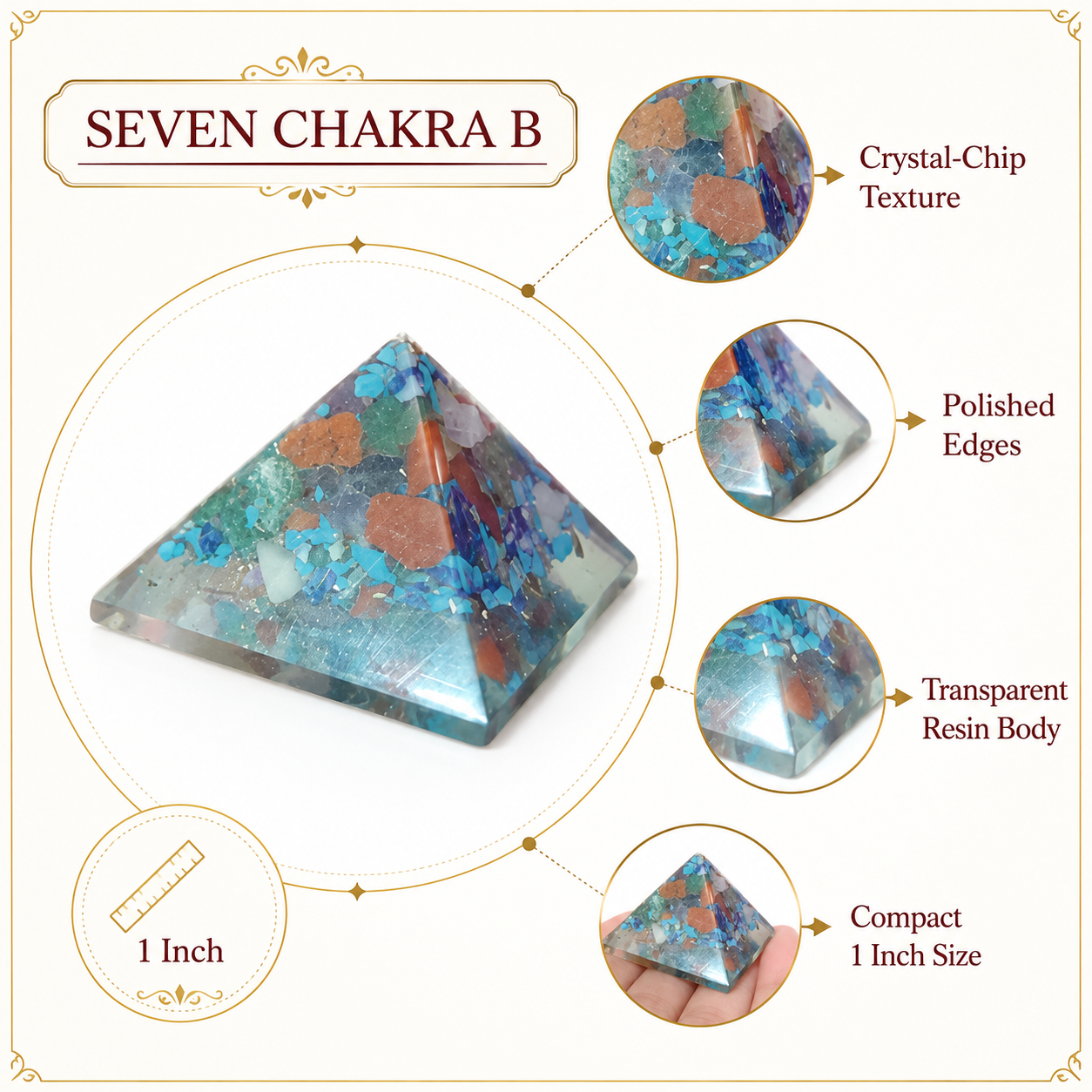 Seven Chakra Orgone Pyramid Layered Grid | Vastu Remedy for Multi-Elemental Harmony, Chakra Alignment & EMF Shielding | 1 Inch | 20 g