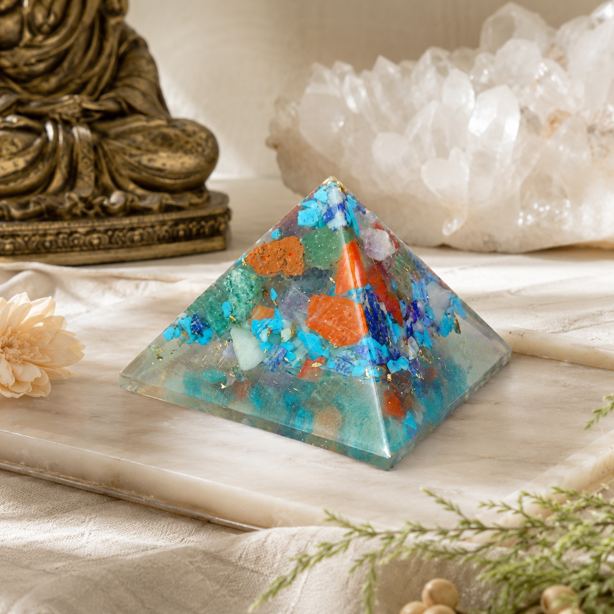 Seven Chakra Orgone Pyramid Layered Grid | Vastu Remedy for Multi-Elemental Harmony, Chakra Alignment & EMF Shielding | 1 Inch | 20 g