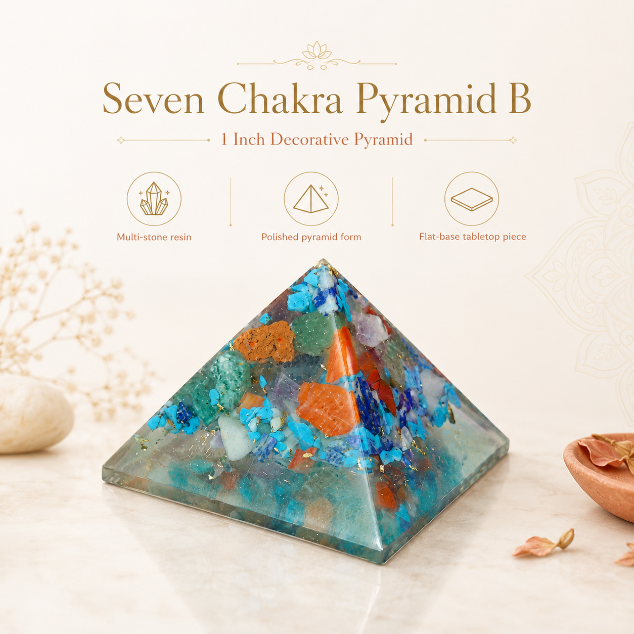 Seven Chakra Orgone Pyramid Layered Grid | Vastu Remedy for Multi-Elemental Harmony, Chakra Alignment & EMF Shielding | 1 Inch | 20 g