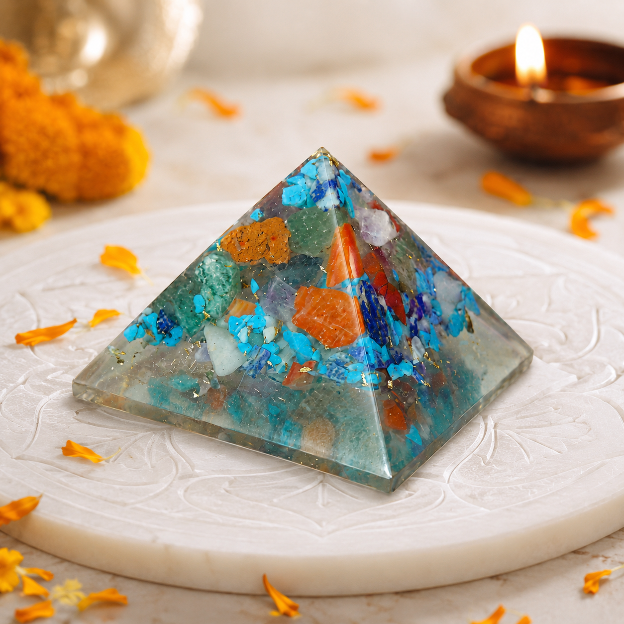 Seven Chakra Orgone Pyramid Layered Grid | Vastu Remedy for Multi-Elemental Harmony, Chakra Alignment & EMF Shielding | 1 Inch | 20 g