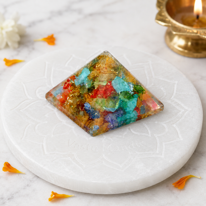 Seven Chakra Orgone Pyramid Multi-Stone Matrix | Vastu Remedy for Energy Alignment, Aura Cleansing & Multi-Directional Balancing | 1 Inch | 20 g