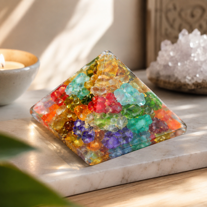 Seven Chakra Orgone Pyramid Multi-Stone Matrix | Vastu Remedy for Energy Alignment, Aura Cleansing & Multi-Directional Balancing | 1 Inch | 20 g
