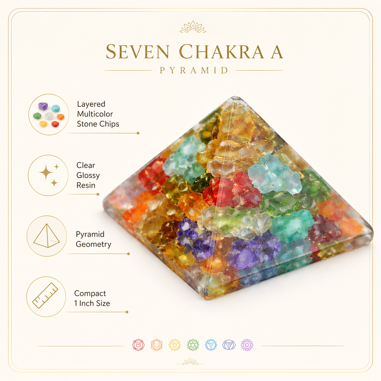 Seven Chakra Orgone Pyramid Multi-Stone Matrix | Vastu Remedy for Energy Alignment, Aura Cleansing & Multi-Directional Balancing | 1 Inch | 20 g
