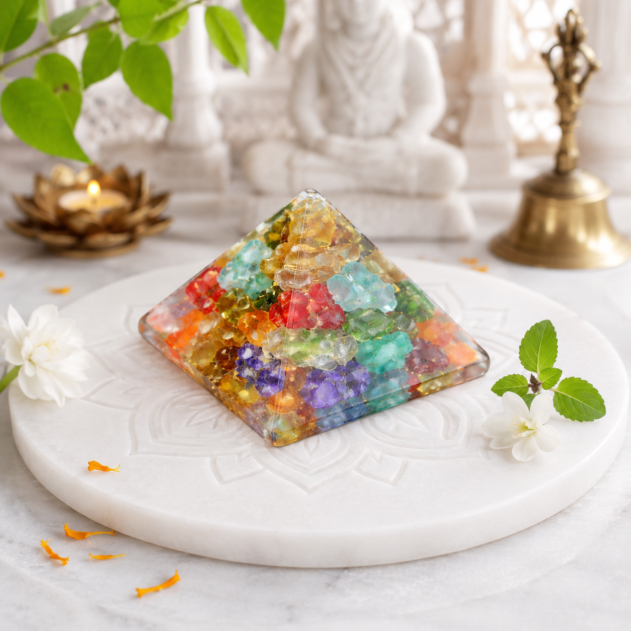 Seven Chakra Orgone Pyramid Multi-Stone Matrix | Vastu Remedy for Energy Alignment, Aura Cleansing & Multi-Directional Balancing | 1 Inch | 20 g