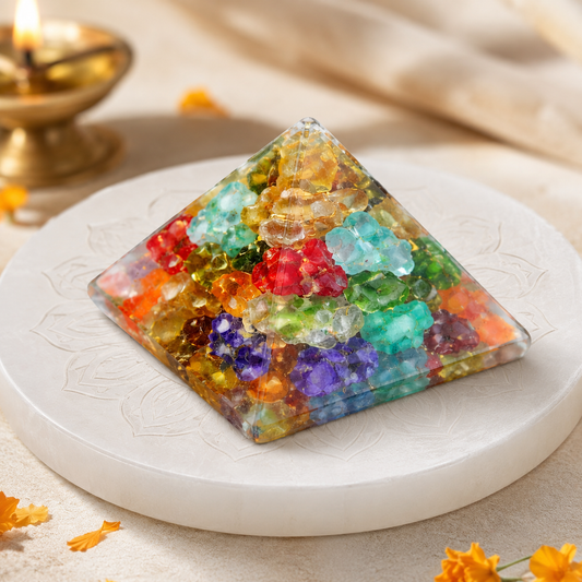 Seven Chakra Orgone Pyramid Multi-Stone Matrix | Vastu Remedy for Energy Alignment, Aura Cleansing & Multi-Directional Balancing | 1 Inch | 20 g