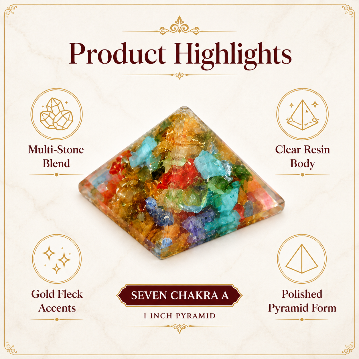 Seven Chakra Orgone Pyramid Multi-Stone Matrix | Vastu Remedy for Energy Alignment, Aura Cleansing & Multi-Directional Balancing | 1 Inch | 20 g