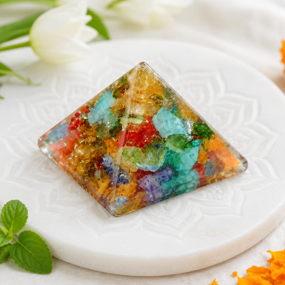 Seven Chakra Orgone Pyramid Multi-Stone Matrix | Vastu Remedy for Energy Alignment, Aura Cleansing & Multi-Directional Balancing | 1 Inch | 20 g