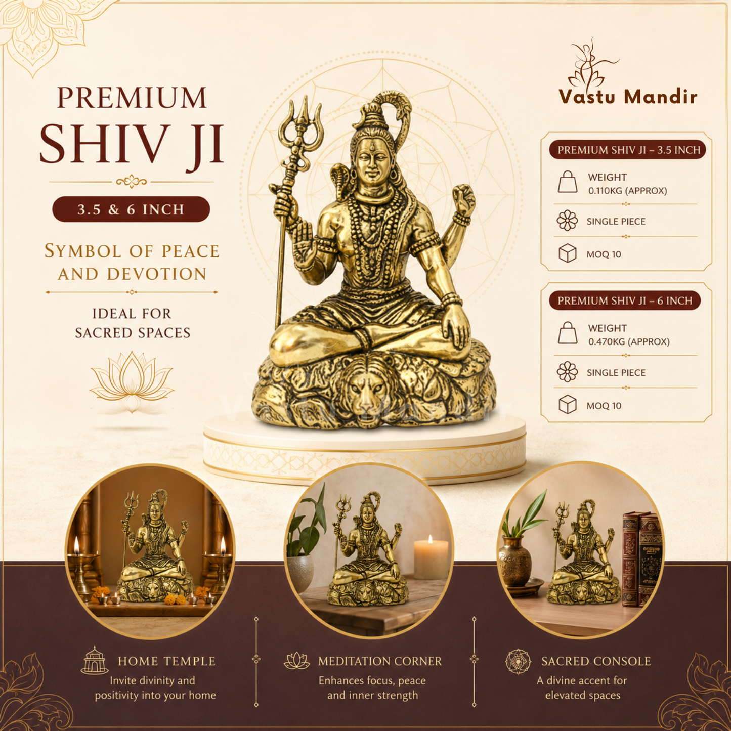 Brass Lord Shiv Ji Idol | Vedic Vastu Sculpture for Meditation, Protection & Spiritual Strength | 3-6 Inches