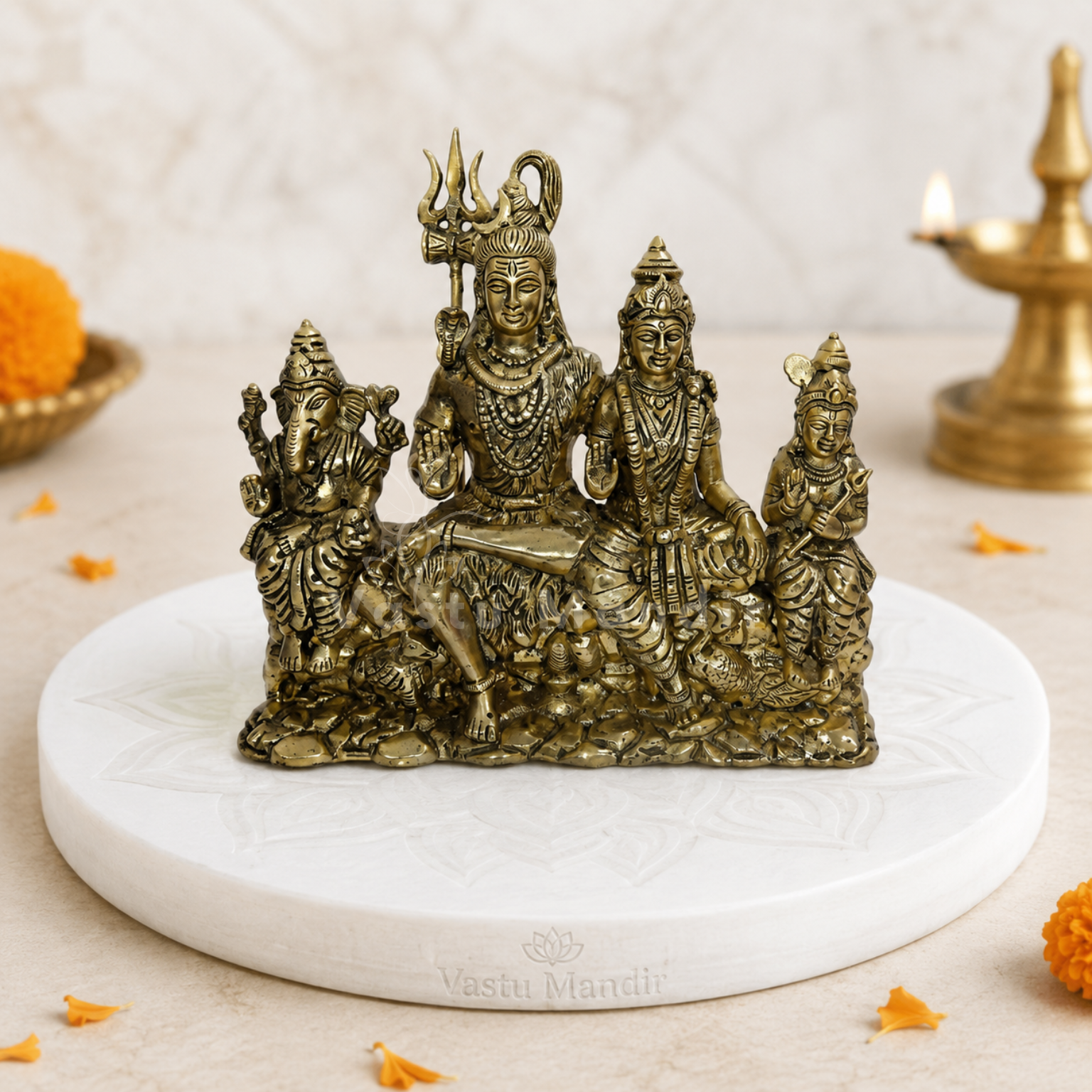 Shiv Parivar brass idol alternate front angle on a styled platform