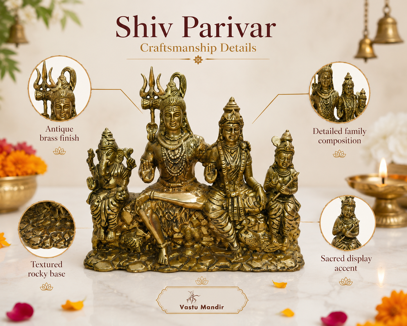 Shiv Parivar brass idol family group showing Shiva, Parvati, Ganesha and Kartikeya