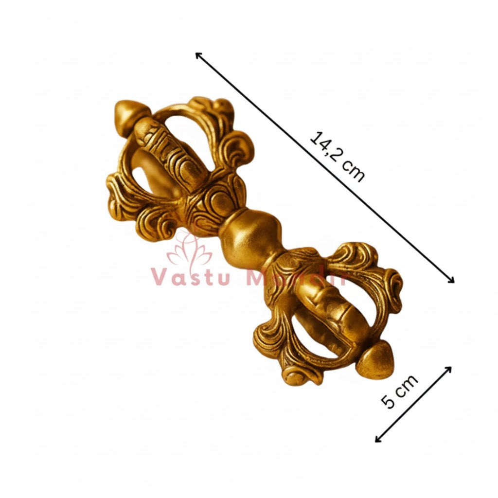 Brass Vajra with measurements on a white background, branded 'Vastu Mandir'.