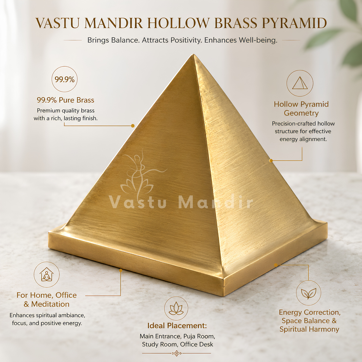 Solid Brass Pyramid Vastu Remedy for North West Direction Balance, Health, Wealth and Positive Energy Support for Entrance, Kitchen and Home Spaces | 7.6 cm | 600 g