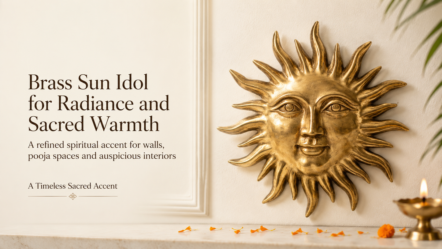 Brass sun idol on a wall with decorative elements