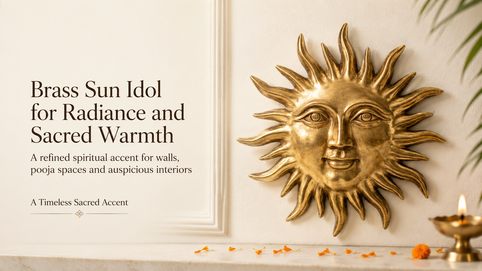 Brass sun idol on a wall with decorative elements