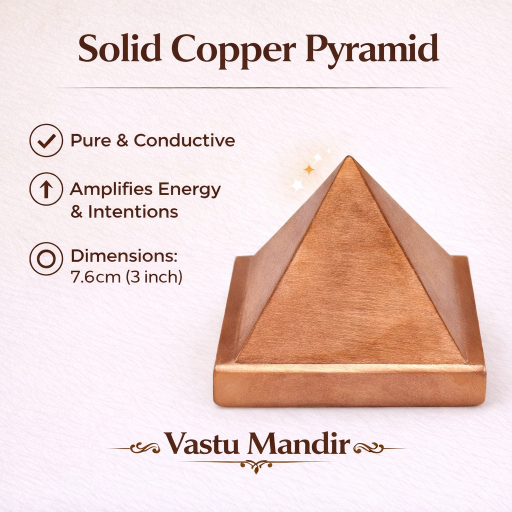 Solid copper pyramid with Vastu Mandir branding on a white background