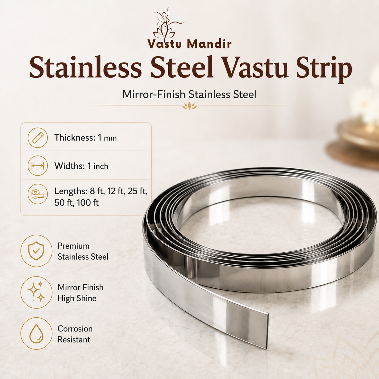 Stainless Steel Metal Strip – Vastu Remedy for Main Entrance & Door Energy Balance | Ideal for Toilets, Thresholds & Long-term Durability | 0.5 Thickness | 8-100 Ft Lengths