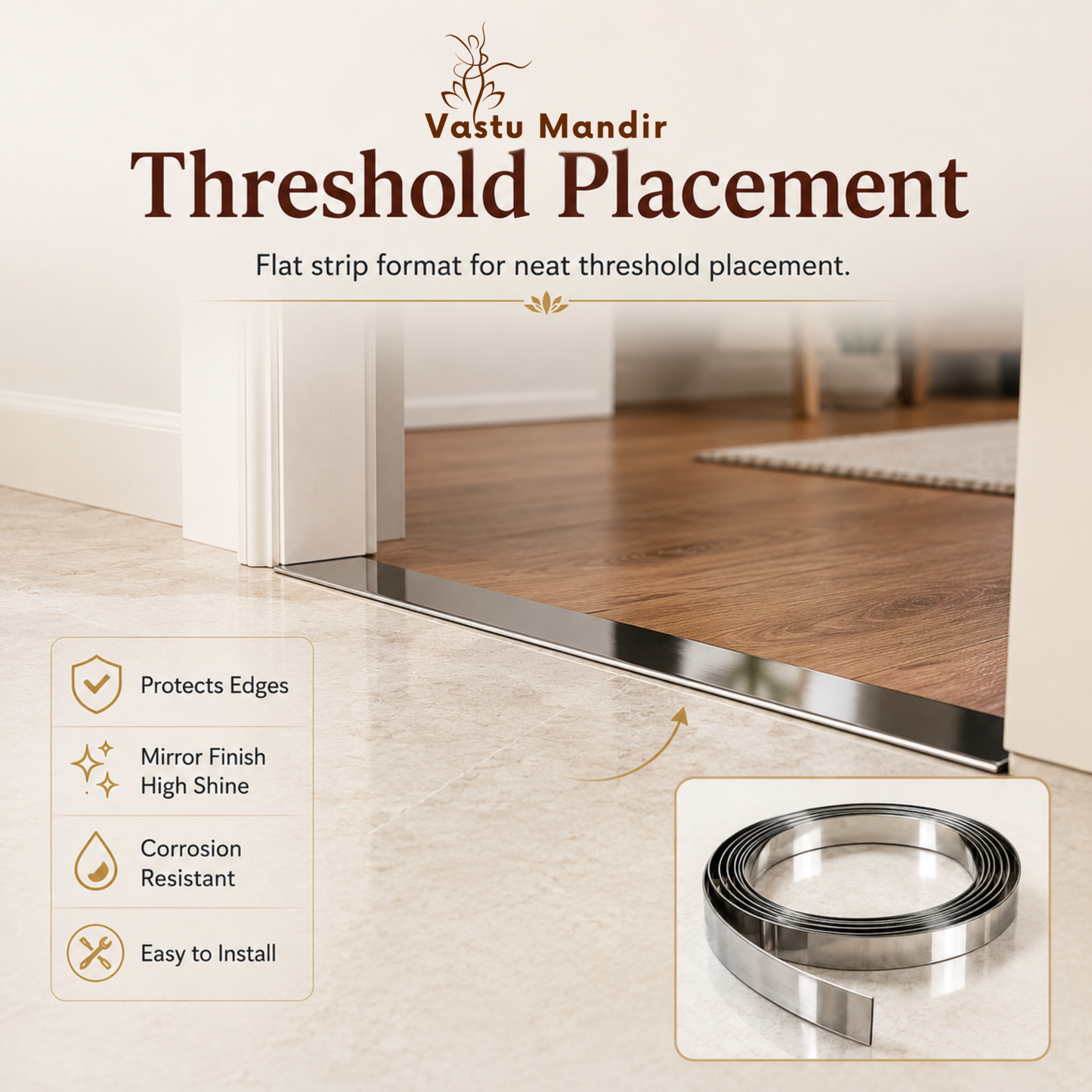 Stainless Steel Metal Strip – Vastu Remedy for Main Entrance & Door Energy Balance | Ideal for Toilets, Thresholds & Long-term Durability | 0.5 Thickness | 8-100 Ft Lengths