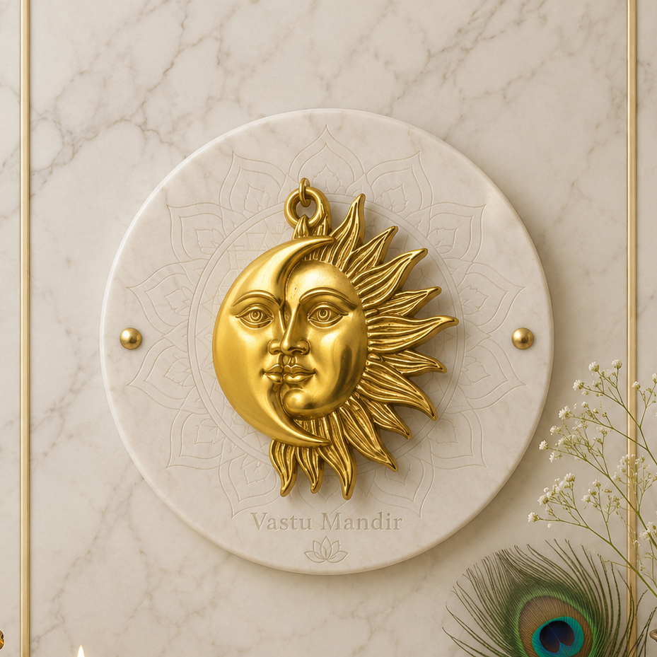 Sun & Moon Wall Hanging Brass Idol  on a marble background