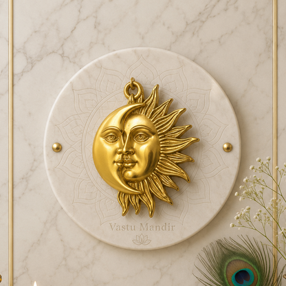 Sun & Moon Wall Hanging Brass Idol  on a marble background