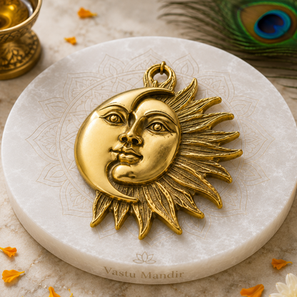 Sun & Moon Wall Hanging Brass Idol on a marble coaster with decorative elements.