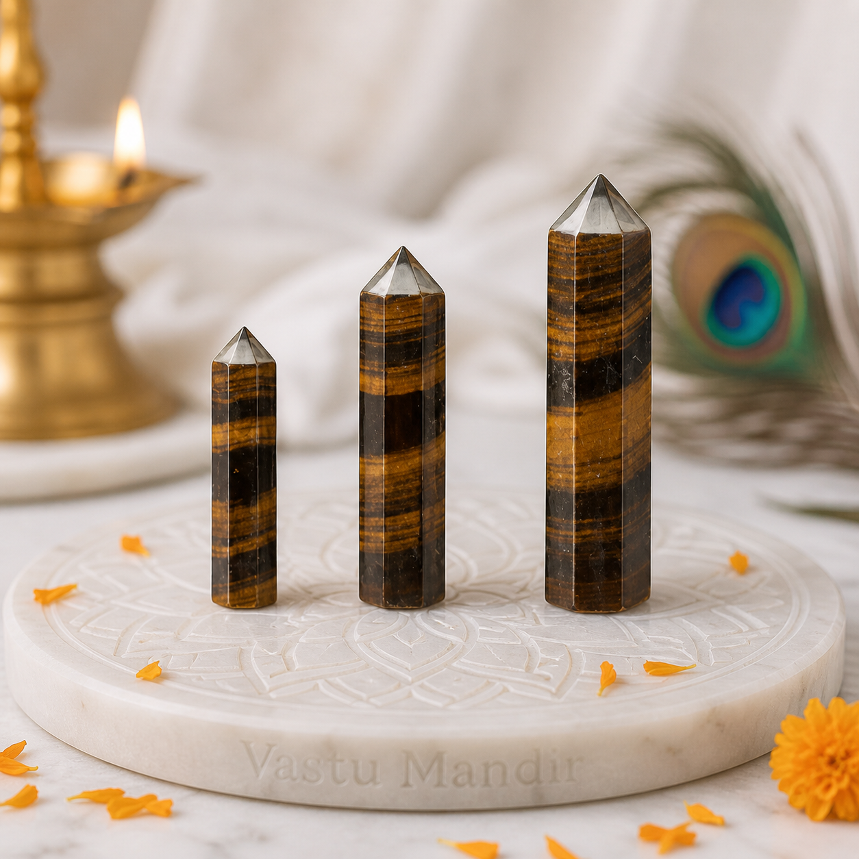 Three tiger eye crystal points on a marble surface with decorative elements.